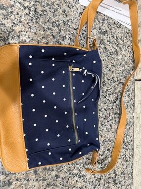 Navy Polka Dot Crossbody Bag with Tan Accents